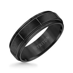 Triton 7MM Black Tungsten Carbide Comfort Fit Band With Satin Finish Center And Bright All Around Vertical Cuts And Edges