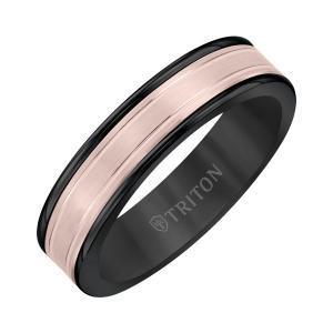 Triton 6MM Black Tungsten Carbide Band - Double Engraved 14K Rose Gold Insert With Round Edge