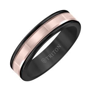Triton 6MM Black Tungsten Carbide Band - Vertical Cut 14K Rose Gold Insert With Round Edge