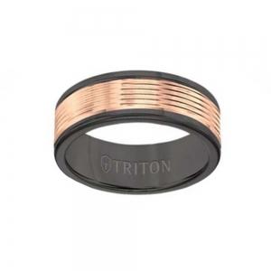 Triton 6mm Black Tungsten Carbide Band - Serrated Engraved 14k Rose Gold Insert With Round Edge thumbnail 2