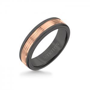 Triton 6MM Black Tungsten Carbide Band - Serrated Engraved 14K Rose Gold Insert With Round Edge