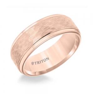 Triton 8MM Rose Tungsten Carbide Step Edge Comfort Fit Band With Center Hammered Texture