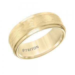 Triton 8MM Yellow Tungsten Carbide Step Edge Comfort Fit Band With Center Hammered Texture