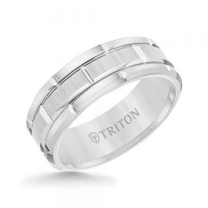 Triton 8MM White Tungsten Carbide Bevel Edge Comfort Fit Band With Vertical Satin Finish Center And Bright Edges And Cuts