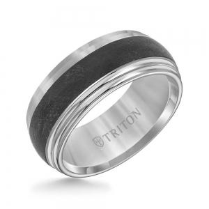 Triton 9MM Black And White Domed Double Step Edge Tungsten Carbide Comfort Fit Band With Florentine Finish Center