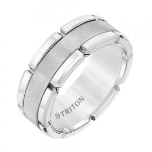 Triton 8MM White Tungsten Carbide Flat Comfort Fit Band W/Brush Center & Bright Rims