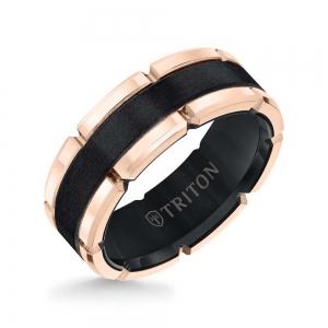 Triton 8MM Black Tungsten Carbide Flat Comfort Fit Band W/Brush Center &Rose Rims