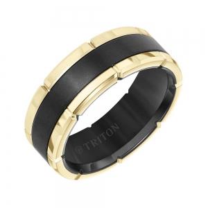 Triton 8MM Black Tungsten Carbide Flat Comfort Fit Men'S Band With Brushed Center And Yellow Link Edge