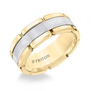 Triton 8MM White Tungsten Carbide Flat Comfort Fit Band W/Brush Center Yellow Rims