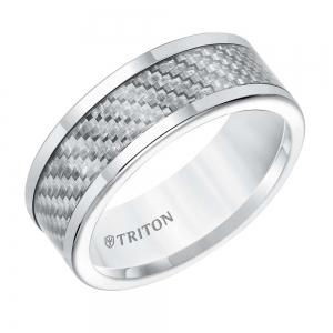 Triton 8MM Comfort Fit White Tungsten Carbide With White 1K Carbon Fiber Insert Center & Bright Rims