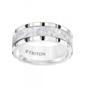 Triton 8mm White Tungsten Carbide Band With Link Edge, Sand Finish Hammered Center And Polished Rims thumbnail 3