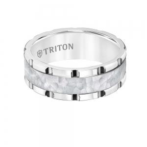 Triton 8mm White Tungsten Carbide Band With Link Edge, Sand Finish Hammered Center And Polished Rims thumbnail 4