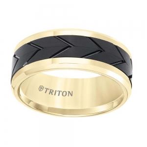 Triton 9mm Tungsten Carbide Comfort Fit Two Tone Men's Band With Black Flat Matte Tread Design Center And Yellow Beveled Rims thumbnail 3