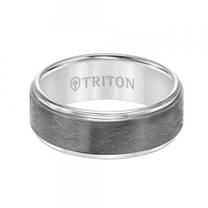 Triton 8mm Tungsten Carbide Comfort Fit Men's Two Tone Band With Gunmetal Crystalline Finish Center And White Step Edge thumbnail 3