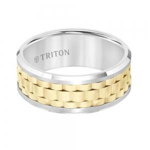 Triton 9mm White Tungsten Carbide Flat Comfort Fit Band With Yellow Basket Weave Center And Flat Rims thumbnail 3