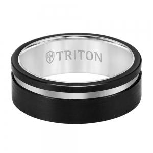 Triton 8mm Black Tungsten Carbide Band With Satin Finish And Asymmetrical White Cut thumbnail 3