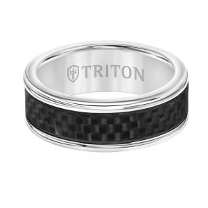 Triton 8mm White Tungsten Carbide Band With Black Carbon Fiber Center And Round Edge thumbnail 4