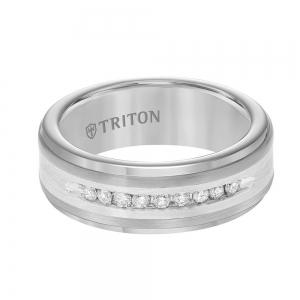 Triton 8mm Tungsten Carbide Step Edge Comfort Fit Band With Satin Finish Silver Inlay And Channel Set Diamonds. thumbnail 2