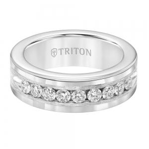 Triton 8mm Tungsten Carbide Comfort Fit Band With Satin Finish Silver Inlay And Channel Set Diamonds thumbnail 3