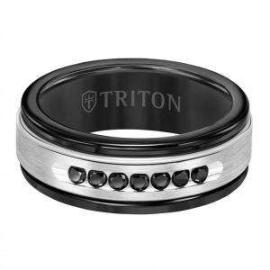 Triton 8mm Black Tungsten Carbide Band - Black Diamonds 14k White Gold Insert With Round Edge thumbnail 3