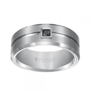 Triton 9mm Black Tungsten Carbide Flat Comfort Fit Band. Horizontal Brush Finish With Bright Polished Recessed Center Groove And Bevel Edge. Single Round Black Diamond Set thumbnail 3