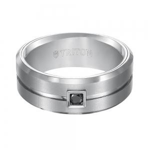 Triton 9mm Black Tungsten Carbide Flat Comfort Fit Band. Horizontal Brush Finish With Bright Polished Recessed Center Groove And Bevel Edge. Single Round Black Diamond Set thumbnail 4