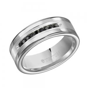 Triton 8MM Bright Polished Tungsten Carbide Comfort Fit Band With Brush Finish Silver Inlay And 1/4 Carat Of Channel Set Black Diamonds.