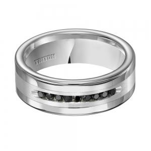 Triton 8mm Bright Polished Tungsten Carbide Comfort Fit Band With Brush Finish Silver Inlay And 1/4 Carat Of Channel Set Black Diamonds. thumbnail 3