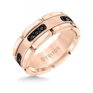 Triton 8MM Rose Tungsten Carbide Flat Comfort Fit Black Diamond Band