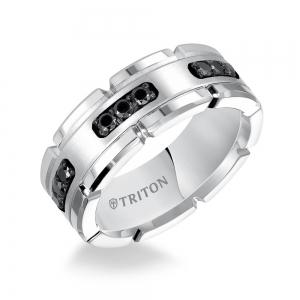 Triton 8MM White Tungsten Carbide Flat Comfort Fit Black Diamond Band