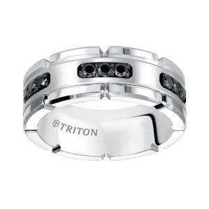Triton 8mm White Tungsten Carbide Flat Comfort Fit Black Diamond Band thumbnail 2
