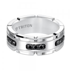 Triton 8mm White Tungsten Carbide Flat Comfort Fit Black Diamond Band thumbnail 3