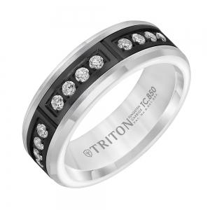 Triton 7MM Comfort Fit White Tungsten Band With Channel Set Diamonds In Black Pvd Coated Steel
