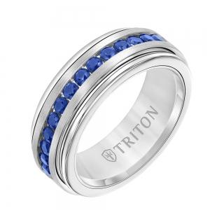 Triton 8MM Tungsten Carbide Band - Blue Sapphires Channel Set Silver Satin Finish