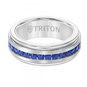 Triton 8mm Tungsten Carbide Band - Blue Sapphires Channel Set Silver Satin Finish thumbnail 3