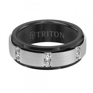Triton 8mm Tungsten Diamond Band - Vertical Channel Set Silver Satin Finish And Bevel Edge thumbnail 3