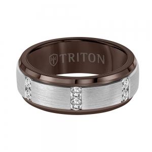 Triton 8mm Espresso Tungsten Diamond Band - Vertical Channel Set Silver Satin Finish And Bevel Edge thumbnail 3