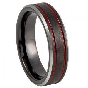 Tungsten band Charcoal Gray IP Plated Ice Finish with 2 Red Thin Line, Beveled Edge - 8MM Band