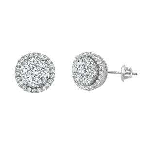 1.5 Ct. T.w. Diamond Round Cluster Stud Earrings In 14Kt White Gold