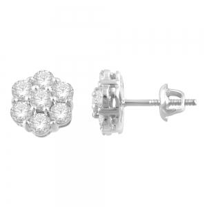 1.75 Ct. T.w. Diamond Round Flower Cluster Stud Earrings In 14Kt White Gold