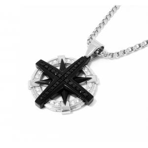 Link N Lock® Black Cubic Zirconia Stainless Steel Compass Pendant With 24 Inch Round Box Chain thumbnail 2