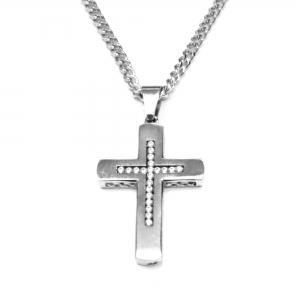 Link N Lock® White Cubic Zirconia Stainless Steel Cross Pendant with 24 inch Curb Chain