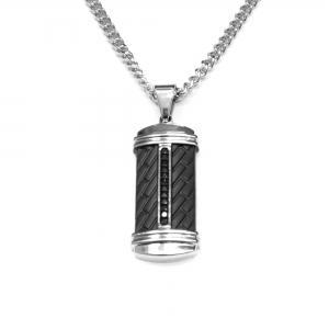 Link N Lock® Black Cubic Zirconia Stainless Steel Dog Tag Pendant with 24 inch Curb Chain