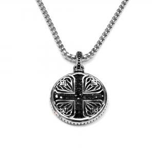 Link N Lock® Black Cubic Zirconia Round Medallion Cross Pendant with 24 inch Round Box Chain