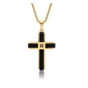 Link N Lock® Black Cubic Zirconia Stainless Steel Cross Pendant with 24 inch Round Box Chian