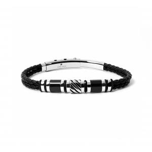 Link N Lock® 2-row Knitted Leather Bracelet with Black Enamel and Steel Beads - 8.5 inches