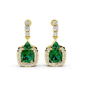 Aanika.V Lab-Grown Diamonds & Lab Emerald Dangling Halo Earrings 0.50 ct.t.w In 14K Yellow Gold